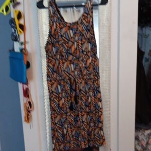 Lucky Brand Peach, Blue & Black Geo Patterened Midi Dress, Size Medium